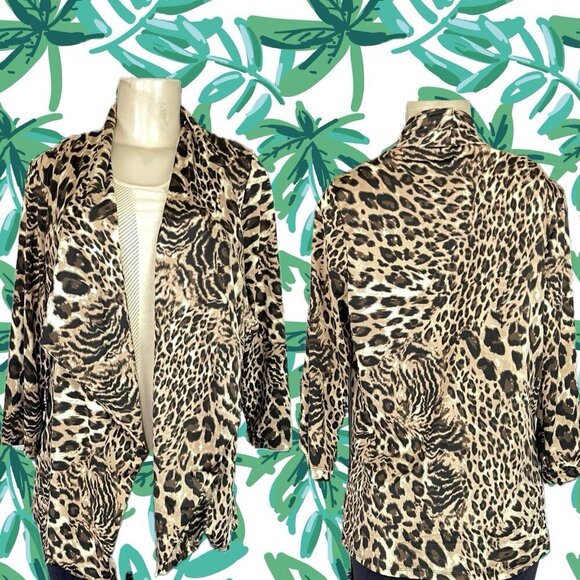 Slinky Brand S Brown Animal Print Open Draped Front 3/4 Sleeve Shrug Jacket - Picture 1 of 6